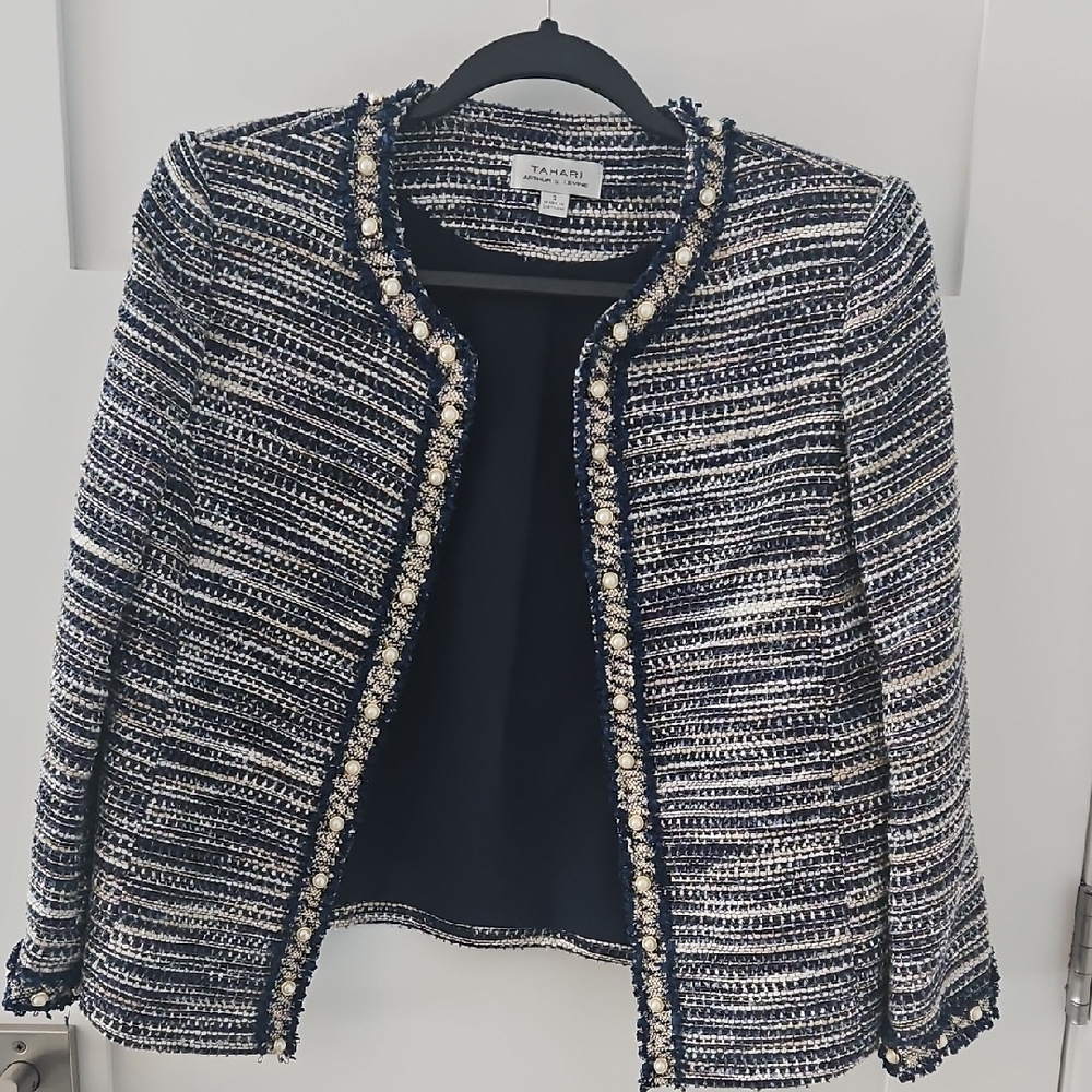 Tahari Navy & White Tweed Jacket with Pearl Trim
